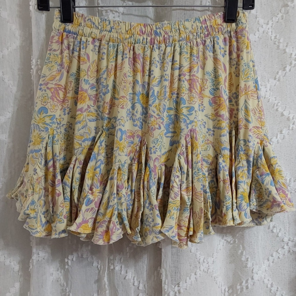 Aeroposta Womens Small Yellow Floral Ruffle Tiered Mini Skirt Elastic Waist